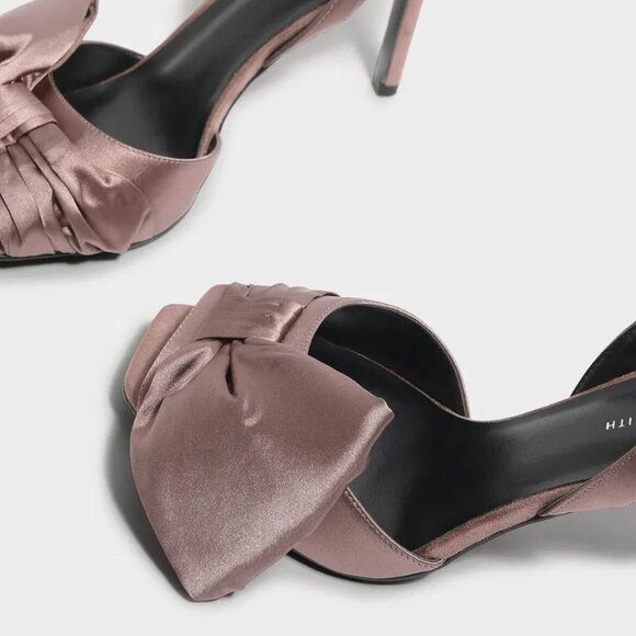 Charles & Keith Oversized Bow Detail Satin Slingbacks, Nude/Brown - Brand New - Picture 2 of 8